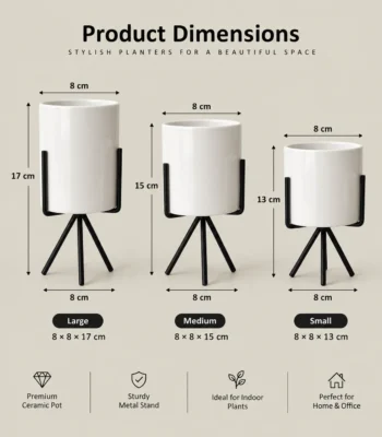 White Ceramic Planter with Black Tripod Stand - Medium Size - Image 3