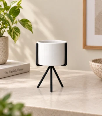 White Ceramic Planter with Black Tripod Stand - Small - Image 2