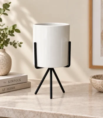 White Ceramic Planter with Black Tripod Stand - Medium Size