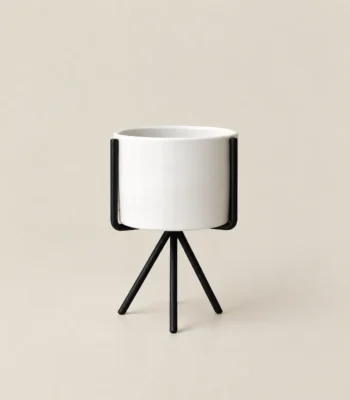 White Ceramic Planter with Black Tripod Stand - Small
