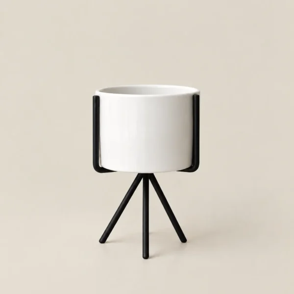 White Ceramic Planter with Black Tripod Stand - Small