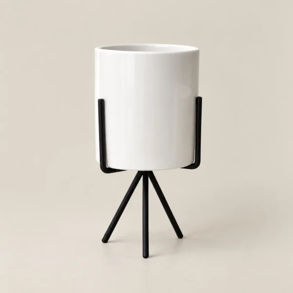 White Ceramic Planter with Black Tripod Stand - Medium Size