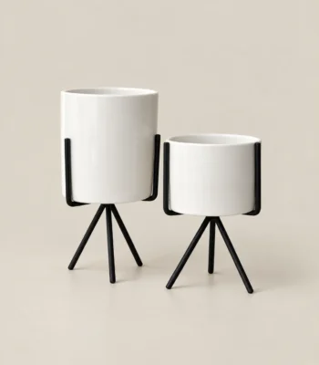 White Ceramic Planter with Black Tripod Stand - Set of 2 - Image 5