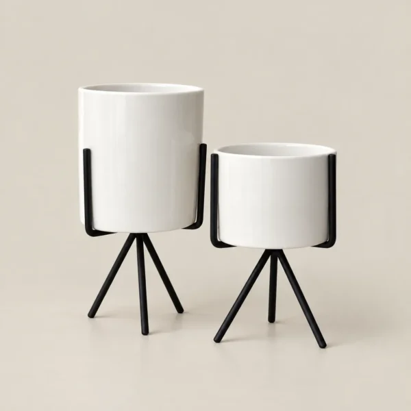 White Ceramic Planter with Black Tripod Stand - Set of 2