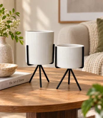 White Ceramic Planter with Black Tripod Stand - Set of 2 - Image 3