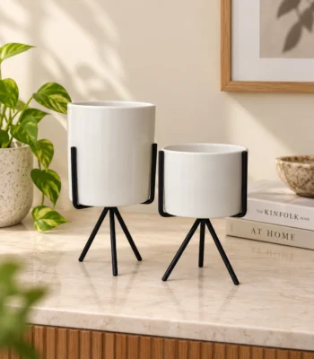 White Ceramic Planter with Black Tripod Stand - Set of 2 - Image 2