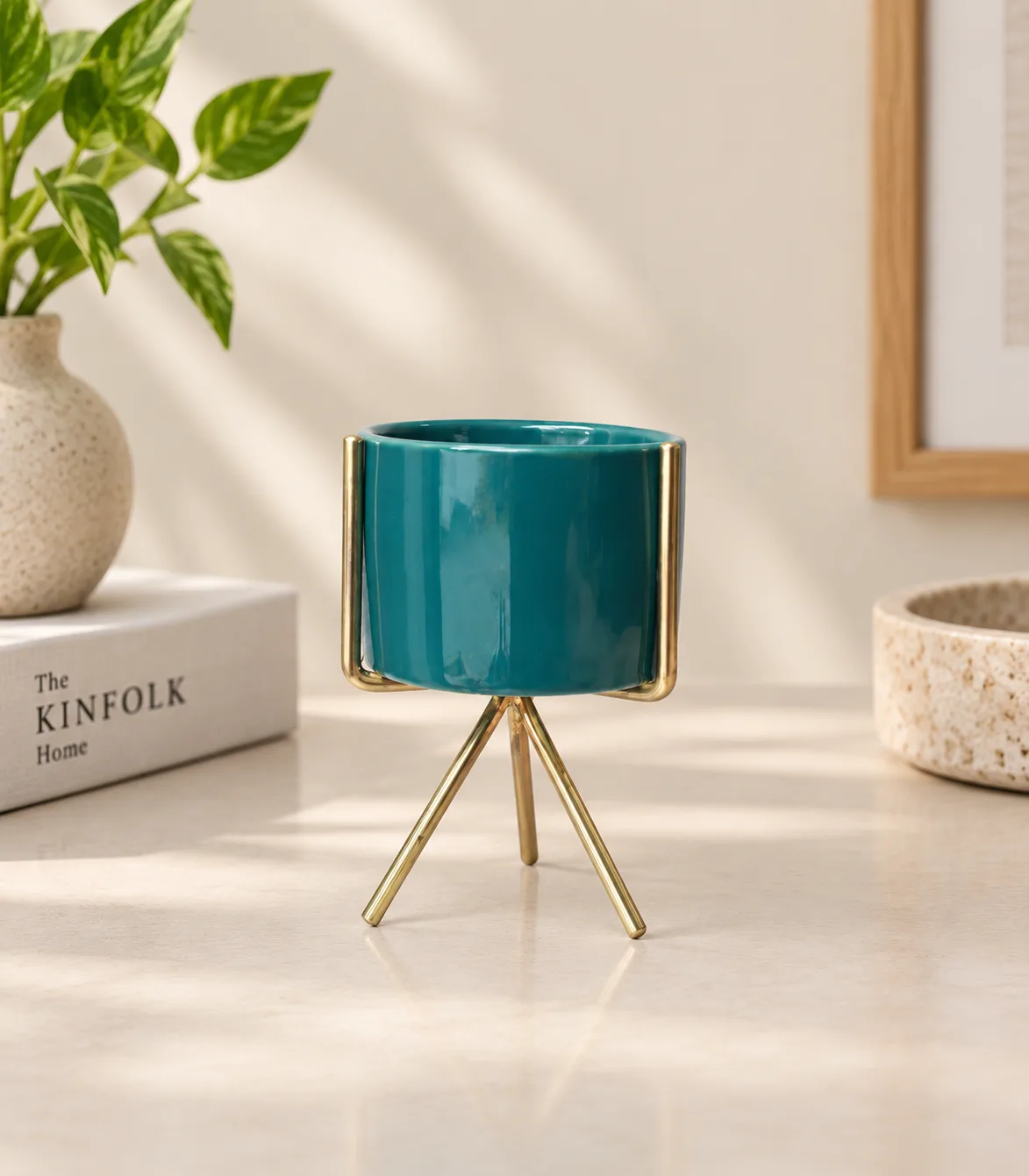 ChatGPT-Image-Sep-15-2026-04_12_52-PM Teal Ceramic Planter with Gold-Tone Tripod Stand - Image 1