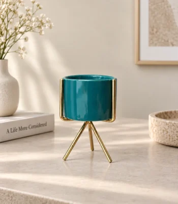 Teal Ceramic Planter with Gold-Tone Tripod Stand - Image 2