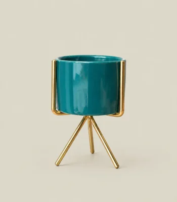 Teal Ceramic Planter with Gold-Tone Tripod Stand - Image 4
