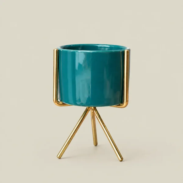 Teal Ceramic Planter with Gold-Tone Tripod Stand