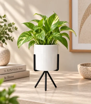 White Ceramic Planter with Black Tripod Stand - Medium Size - Image 2