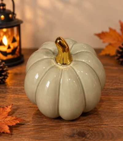 Glossy Ceramic Pumpkin Décor with Gold Stem - Image 2