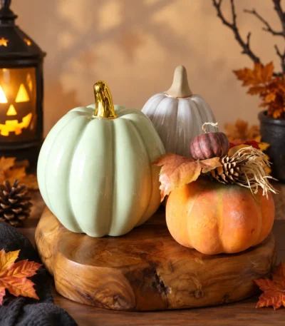 Glossy Ceramic Pumpkin Décor with Gold Stem