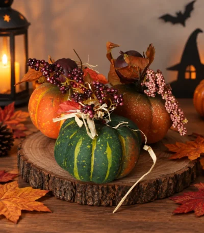 Decorative Harvest Pumpkin with Berry & Autumn Leaf Accents