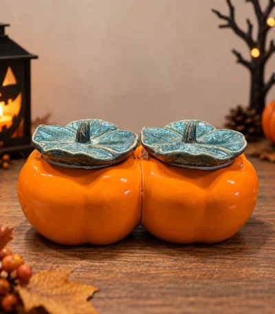 Glazed Ceramic Double Pumpkin Condiment Jar Set