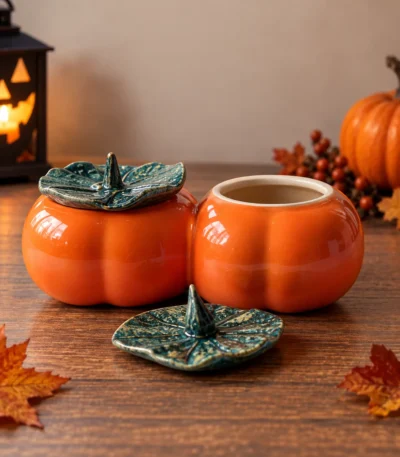 Glazed Ceramic Double Pumpkin Condiment Jar Set - Image 2