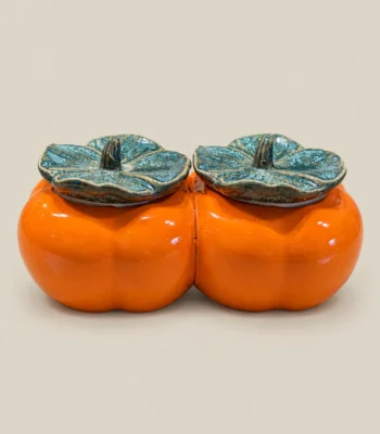 Twin Persimmon Ceramic Storage Jars with Leaf Lids