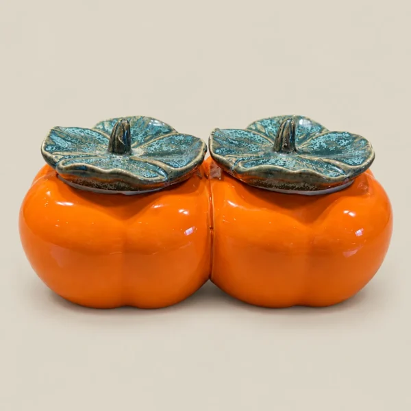 Glazed Ceramic Double Pumpkin Condiment Jar Set