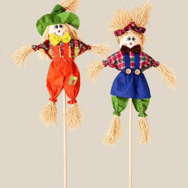 Handcrafted Plaid Harvest Scarecrow Garden Plant Stakes
