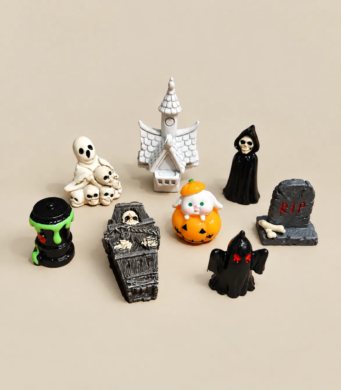 h197 Halloween Miniature Spooky Figurine Décor Set – Set of 8 - Image 1