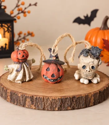 Halloween Hanging Mini Ornaments – Pumpkin Ghost, Witch Pumpkin & Skull – Set of 3 - Image 5