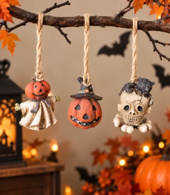 Halloween Hanging Mini Ornaments – Pumpkin Ghost, Witch Pumpkin & Skull – Set of 3 - Image 2
