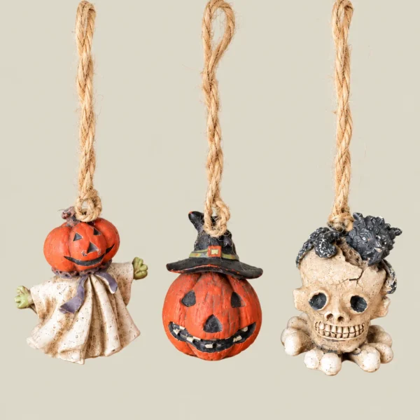 Halloween Hanging Mini Ornaments – Pumpkin Ghost, Witch Pumpkin & Skull – Set of 3