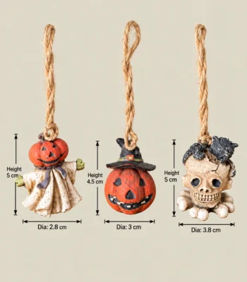 Halloween Hanging Mini Ornaments – Pumpkin Ghost, Witch Pumpkin & Skull – Set of 3