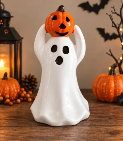LED Ceramic Ghost with Pumpkin Halloween Figurine - Image 6