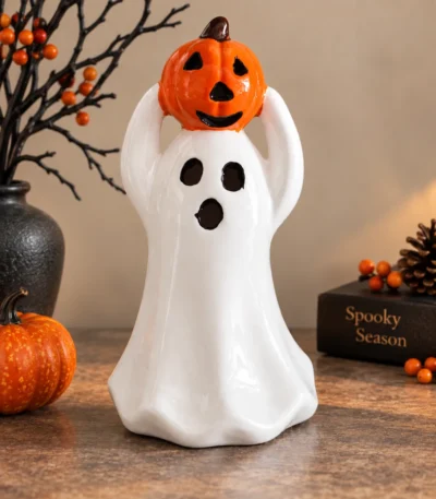 LED Ceramic Ghost with Pumpkin Halloween Figurine - Image 5