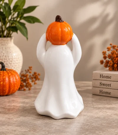 LED Ceramic Ghost with Pumpkin Halloween Figurine - Image 3