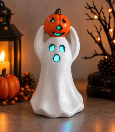 LED Ceramic Ghost with Pumpkin Halloween Figurine - Image 2