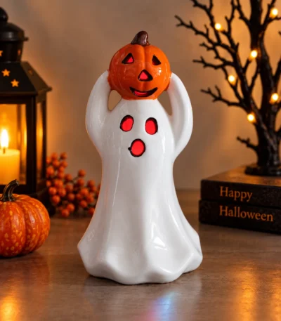 LED Ceramic Ghost with Pumpkin Halloween Figurine