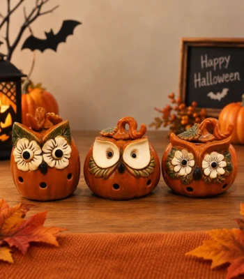 Ceramic Pumpkin Owl Tealight Candle Holder – Set of 3 - Image 2