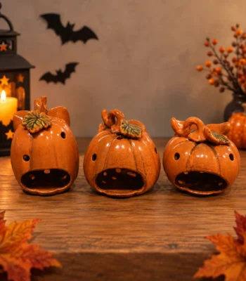 Ceramic Pumpkin Owl Tealight Candle Holder – Set of 3 - Image 3