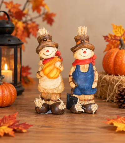 Rustic Harvest Scarecrow Couple Figurines – Set of 2