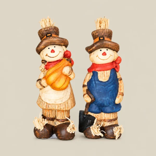 Rustic Harvest Scarecrow Couple Figurines – Set of 2