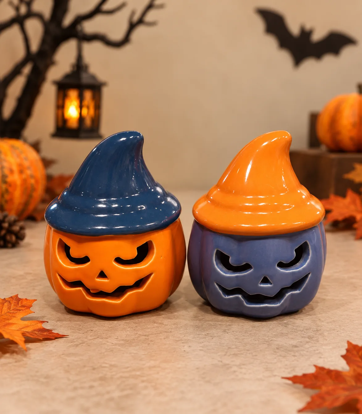 h73 Halloween Witch Hat Pumpkin Tea Light Candle Holders – Set of 2 - Image 1