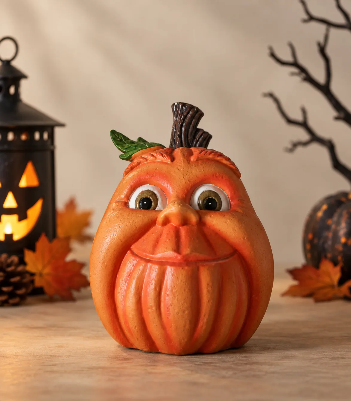 h93 Whimsical Smiling Pumpkin Halloween Figurine - Image 1
