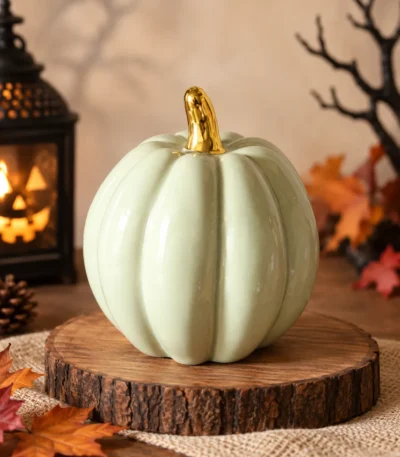 Glossy Ceramic Pumpkin Décor with Gold Stem - Image 3