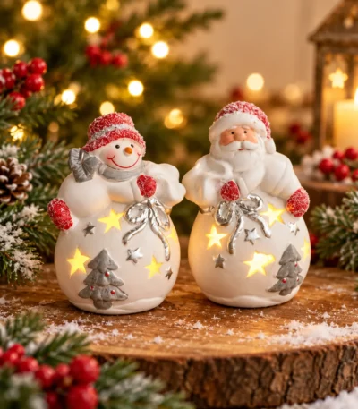 Christmas Snowman & Santa Decorative Figurines with Battery-Operated LED Lights – Set of 2 - Image 2