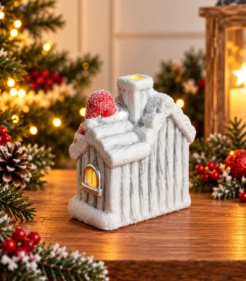 Battery-Operated LED Snowy Christmas Cottage with Santa Figurine - Image 3