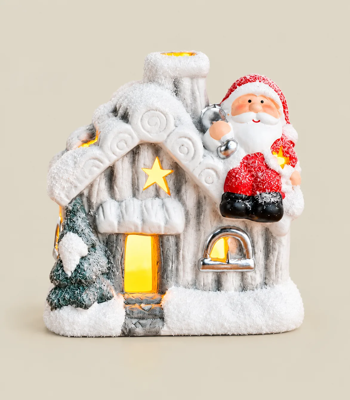 14 Battery-Operated LED Snowy Christmas Cottage with Santa Figurine - Image 1