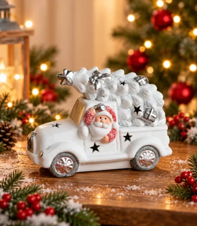 Santa Claus Christmas Tree Truck Decorative Figurine – White & Silver - Image 2