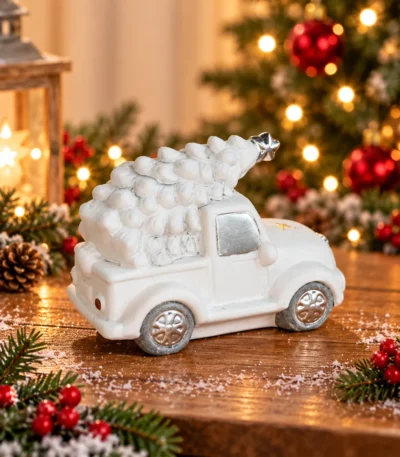 Santa Claus Christmas Tree Truck Decorative Figurine – White & Silver - Image 3