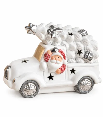 Santa Claus Christmas Tree Truck Decorative Figurine – White & Silver - Image 5
