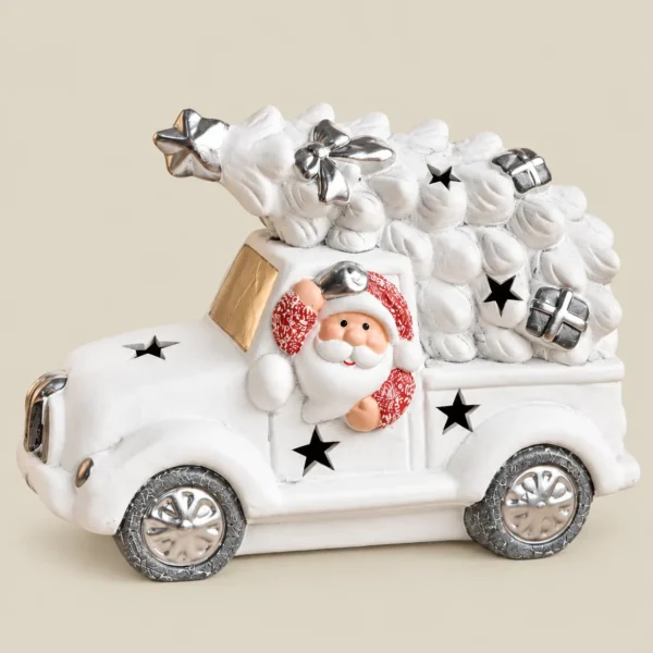 Santa Claus Christmas Tree Truck Decorative Figurine – White & Silver