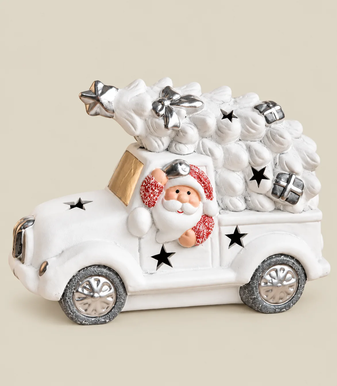 20 Santa Claus Christmas Tree Truck Decorative Figurine – White & Silver - Image 1