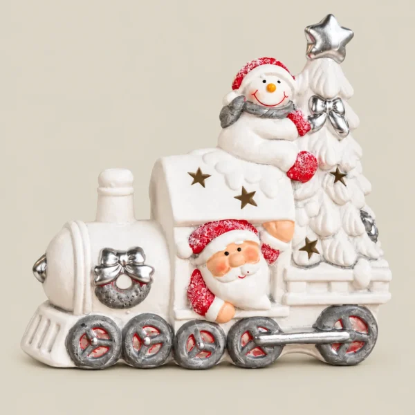 Christmas Santa & Snowman Terracotta Train with Christmas Tree – Decorative Showpiece