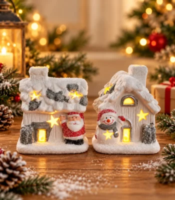 Snow-Covered Santa Christmas Cottage with Star Cutouts – Miniature Tabletop Décor - Image 2